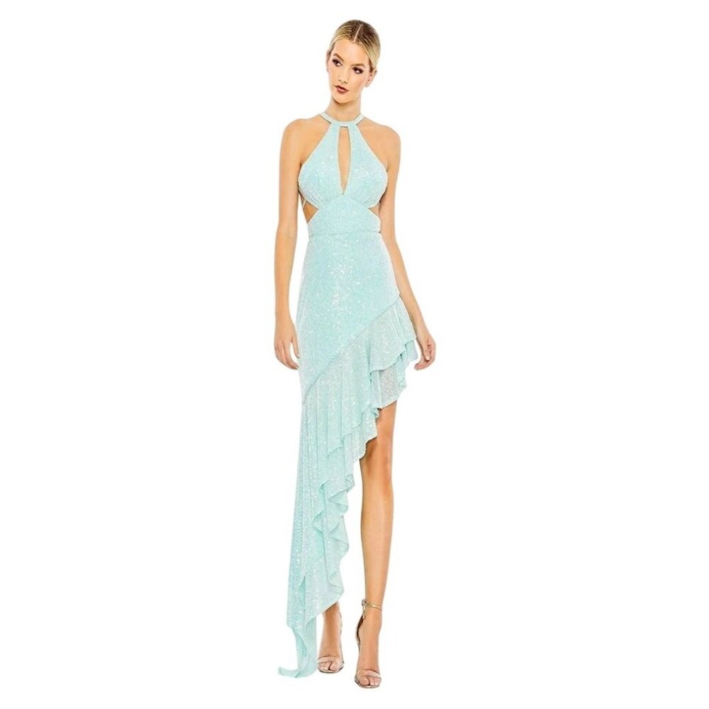 NWT leena Mac Duggal Sequins Halter Cutout Ruffle Asymmetrical Dress Aqua Size 4